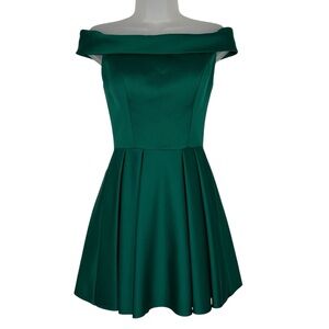 Ieena by Mori Lee Emerald Green Satin Pleated Off The Shoulder Formal Dress Hoco